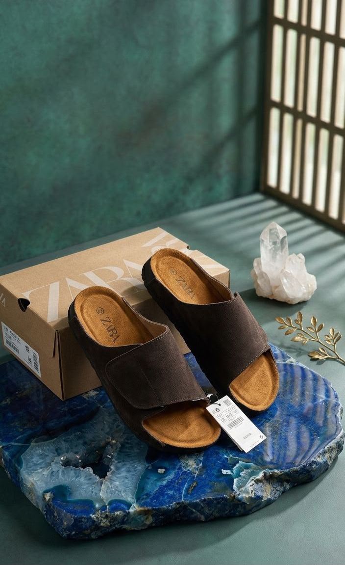 Buy Zara Men Black Tan Leather Velcro Mules - Image 8