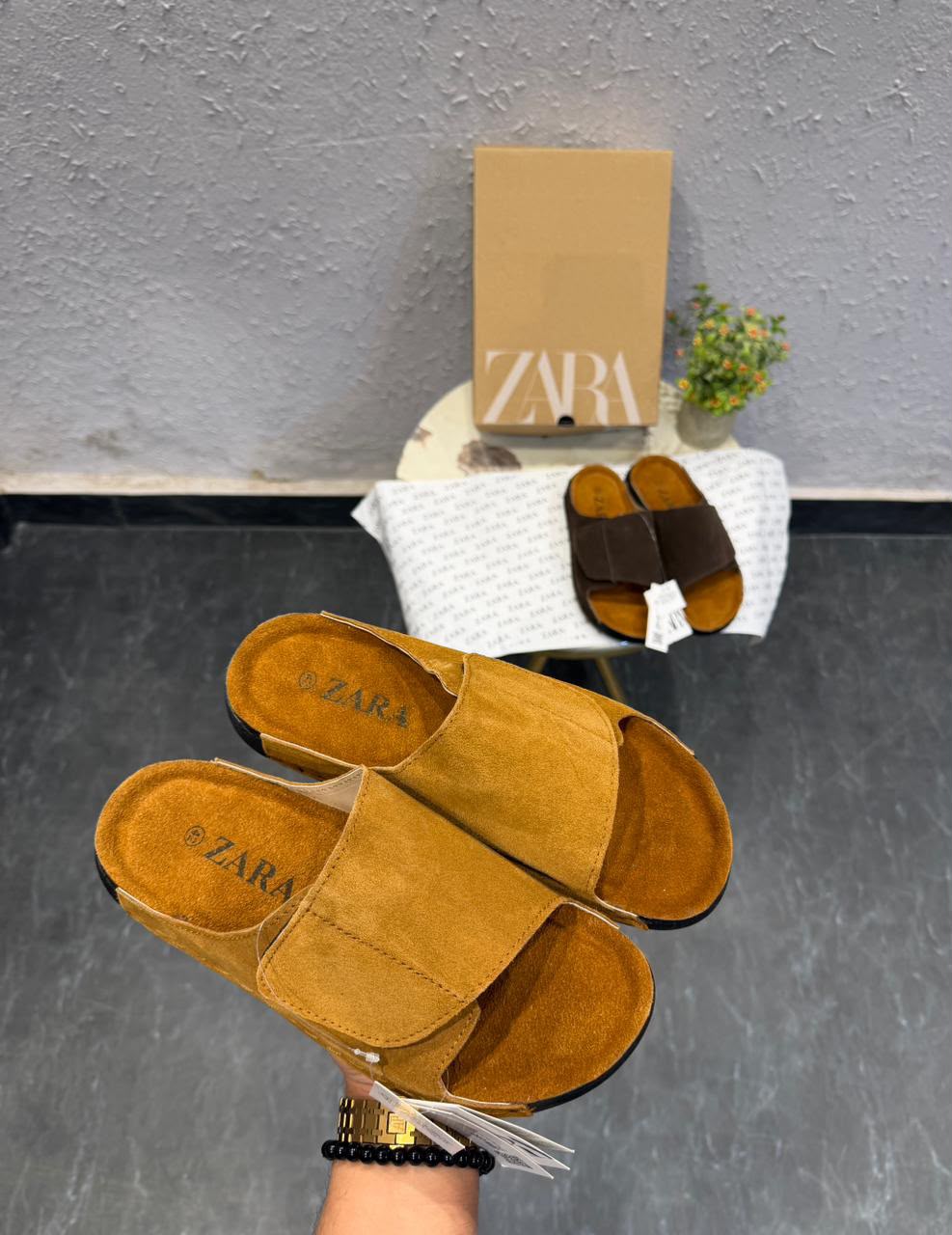 Buy Zara Men Black Tan Leather Velcro Mules - Image 3