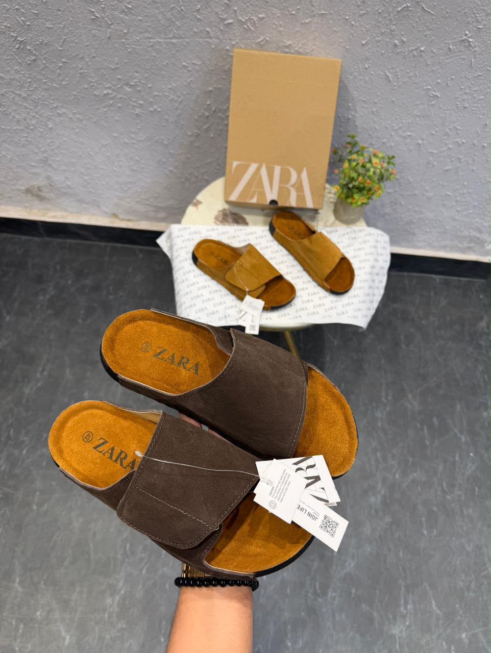Buy Zara Men Black Tan Leather Velcro Mules - Image 7